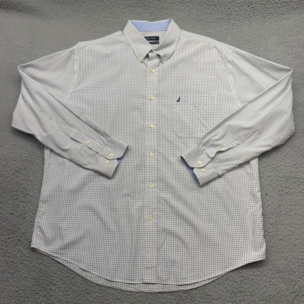 Nautica Classic Fit 17 34/35 White Navy Blue Grid Long Sleeve Button Down Shirt